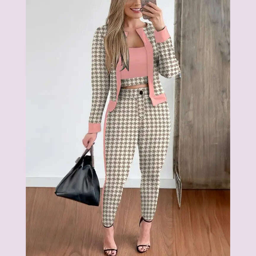 KIMLUD, Sets Outifits Women 2024 Spring Autumn 3 Piece Set Plaid Print Crop Top & Pants Set With Coat Fashion Casual Elegant Female Set, Pink / S, KIMLUD APPAREL - Womens Clothes