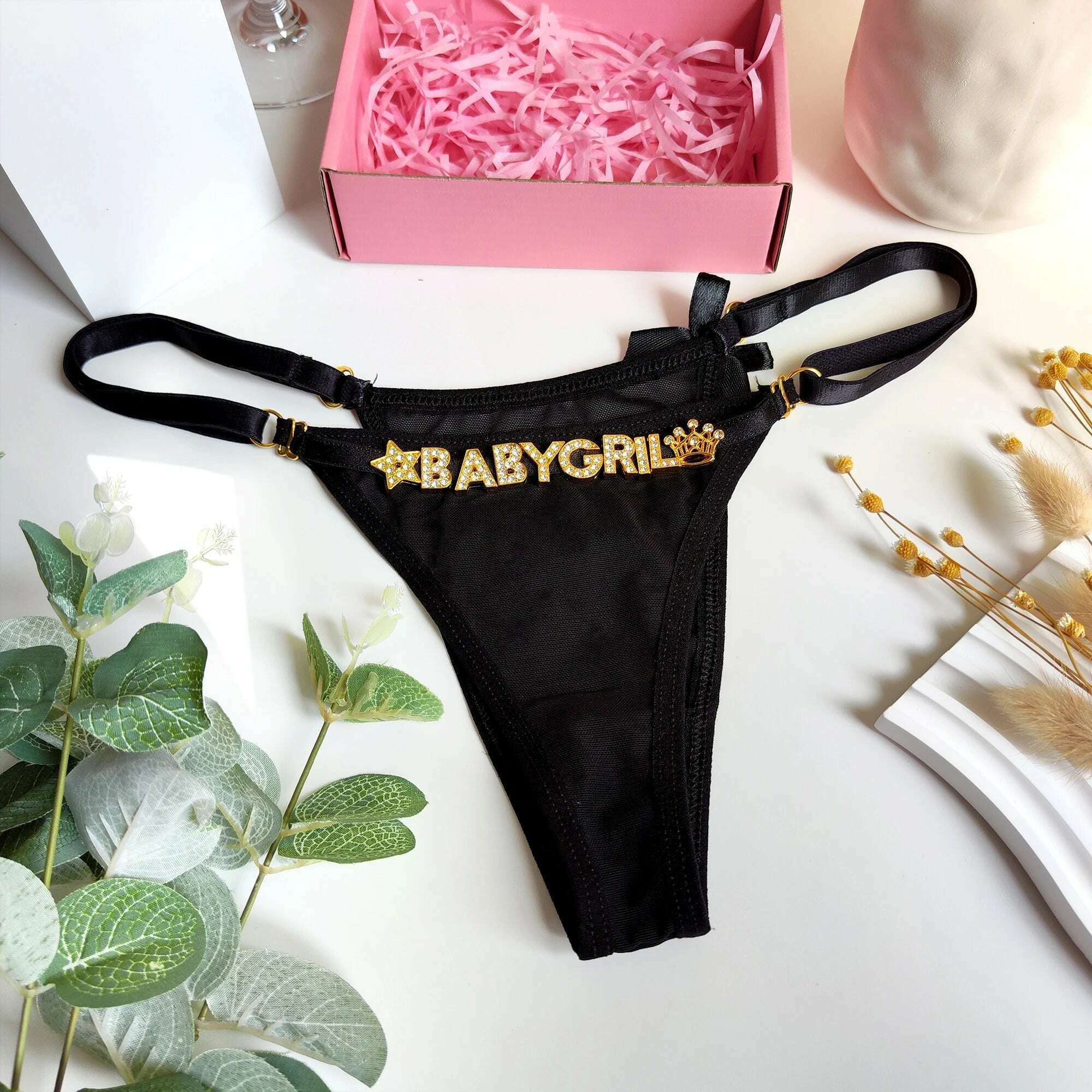 Sexy 5 Colors Tulle Panties Custom Thong for Women Personality Crystal Letter Name Panties Breathable Adjustable Underwear Gift - KIMLUD