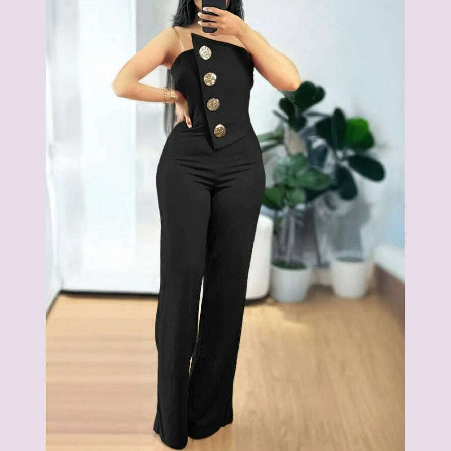 Sexy Asymmetrical Bandeau Strapless Jumpsuit Metal Button Decor Casual Overalls 2025 Woman Long Jumpsuits Elegant - KIMLUD