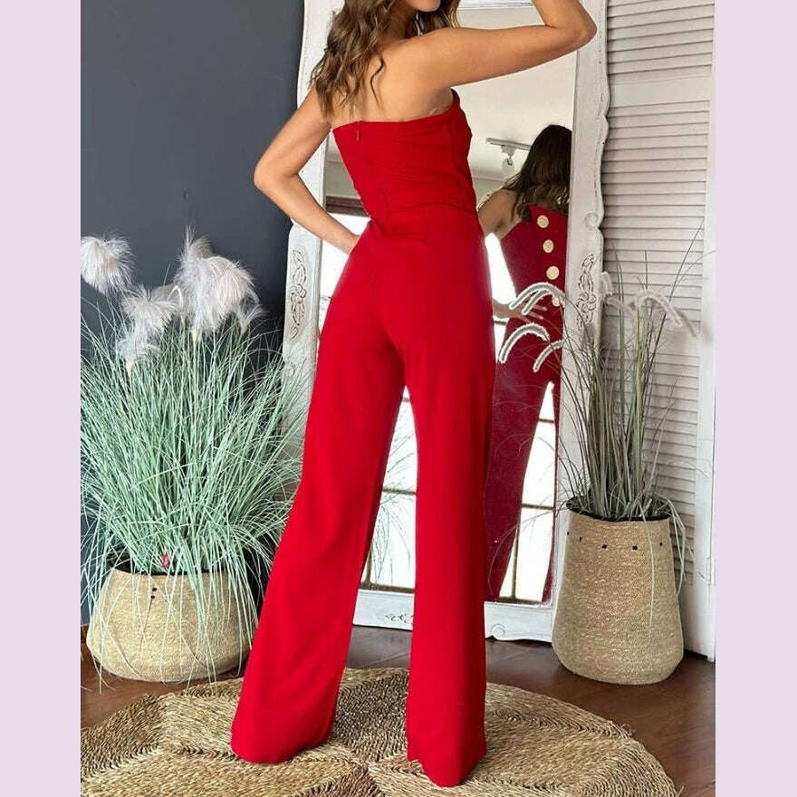 KIMLUD, Sexy Asymmetrical Bandeau Strapless Jumpsuit Metal Button Decor Casual Overalls 2025 Woman Long Jumpsuits Elegant, KIMLUD Womens Clothes