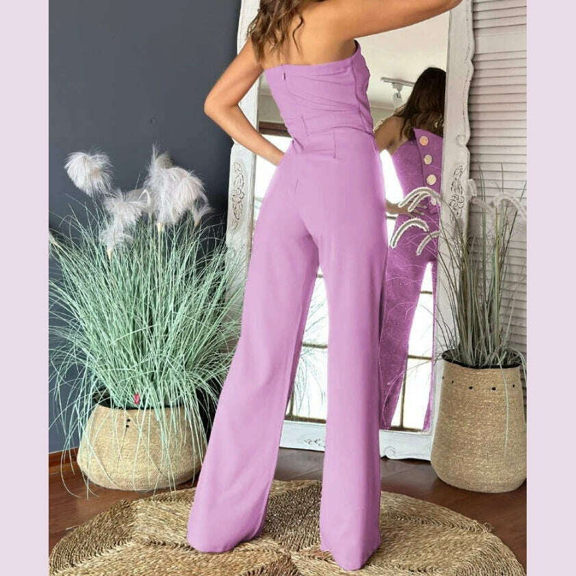 KIMLUD, Sexy Asymmetrical Bandeau Strapless Jumpsuit Metal Button Decor Casual Overalls 2025 Woman Long Jumpsuits Elegant, KIMLUD Womens Clothes