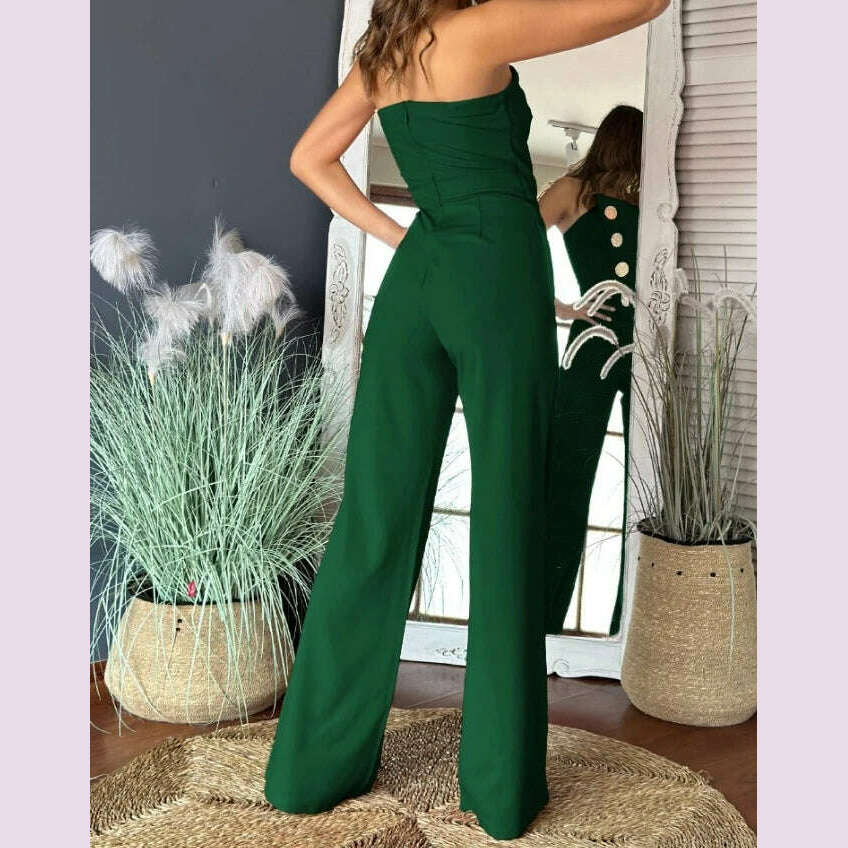 KIMLUD, Sexy Asymmetrical Bandeau Strapless Jumpsuit Metal Button Decor Casual Overalls 2025 Woman Long Jumpsuits Elegant, KIMLUD Womens Clothes