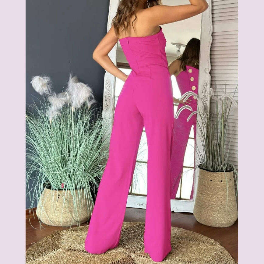 KIMLUD, Sexy Asymmetrical Bandeau Strapless Jumpsuit Metal Button Decor Casual Overalls 2025 Woman Long Jumpsuits Elegant, KIMLUD Womens Clothes