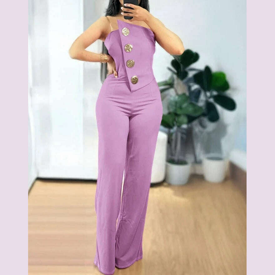 KIMLUD, Sexy Asymmetrical Bandeau Strapless Jumpsuit Metal Button Decor Casual Overalls 2025 Woman Long Jumpsuits Elegant, C / S, KIMLUD APPAREL - Womens Clothes