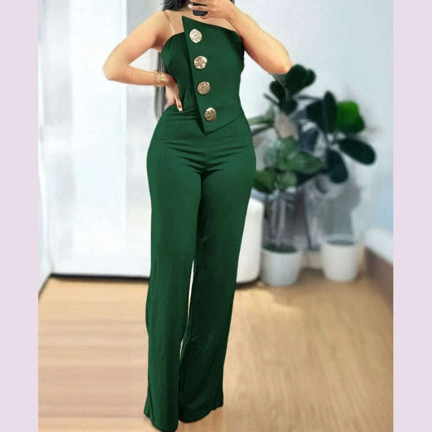 KIMLUD, Sexy Asymmetrical Bandeau Strapless Jumpsuit Metal Button Decor Casual Overalls 2025 Woman Long Jumpsuits Elegant, D / S, KIMLUD APPAREL - Womens Clothes