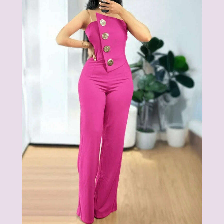 KIMLUD, Sexy Asymmetrical Bandeau Strapless Jumpsuit Metal Button Decor Casual Overalls 2025 Woman Long Jumpsuits Elegant, E / S, KIMLUD APPAREL - Womens Clothes