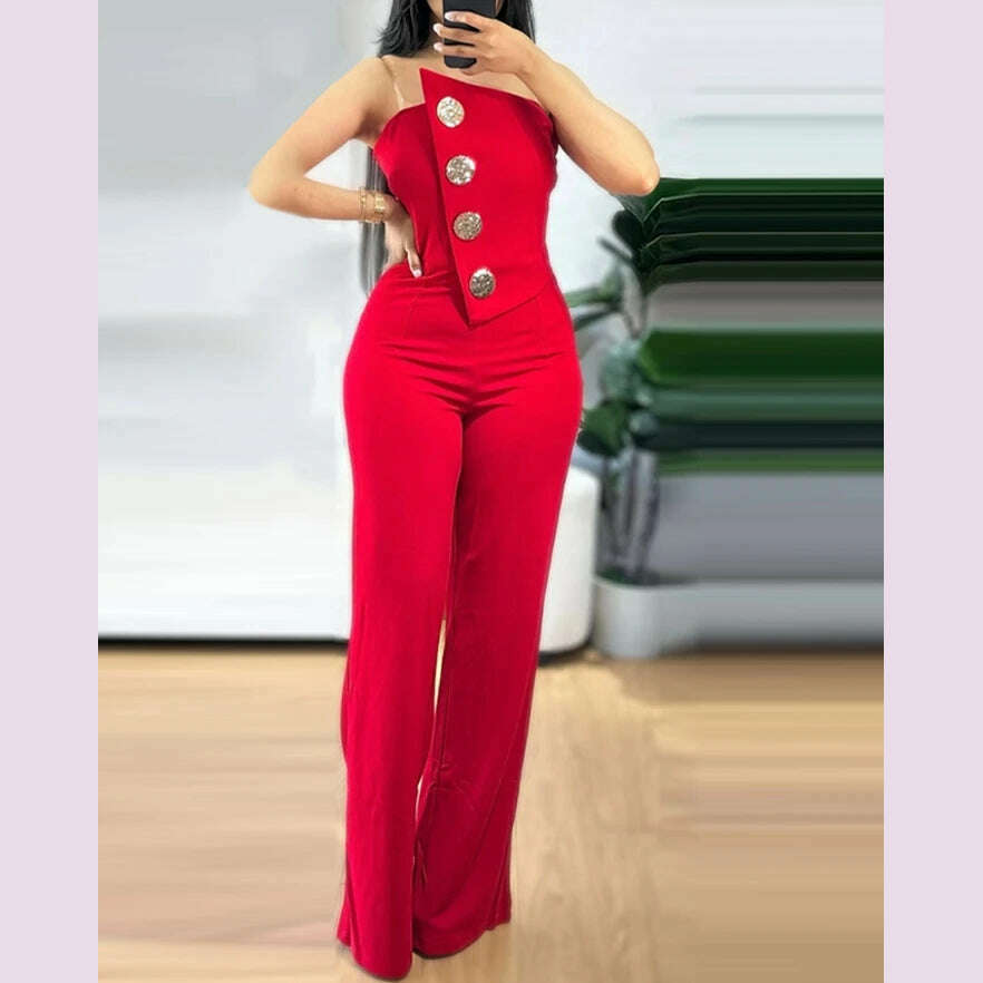 KIMLUD, Sexy Asymmetrical Bandeau Strapless Jumpsuit Metal Button Decor Casual Overalls 2025 Woman Long Jumpsuits Elegant, A / S, KIMLUD APPAREL - Womens Clothes