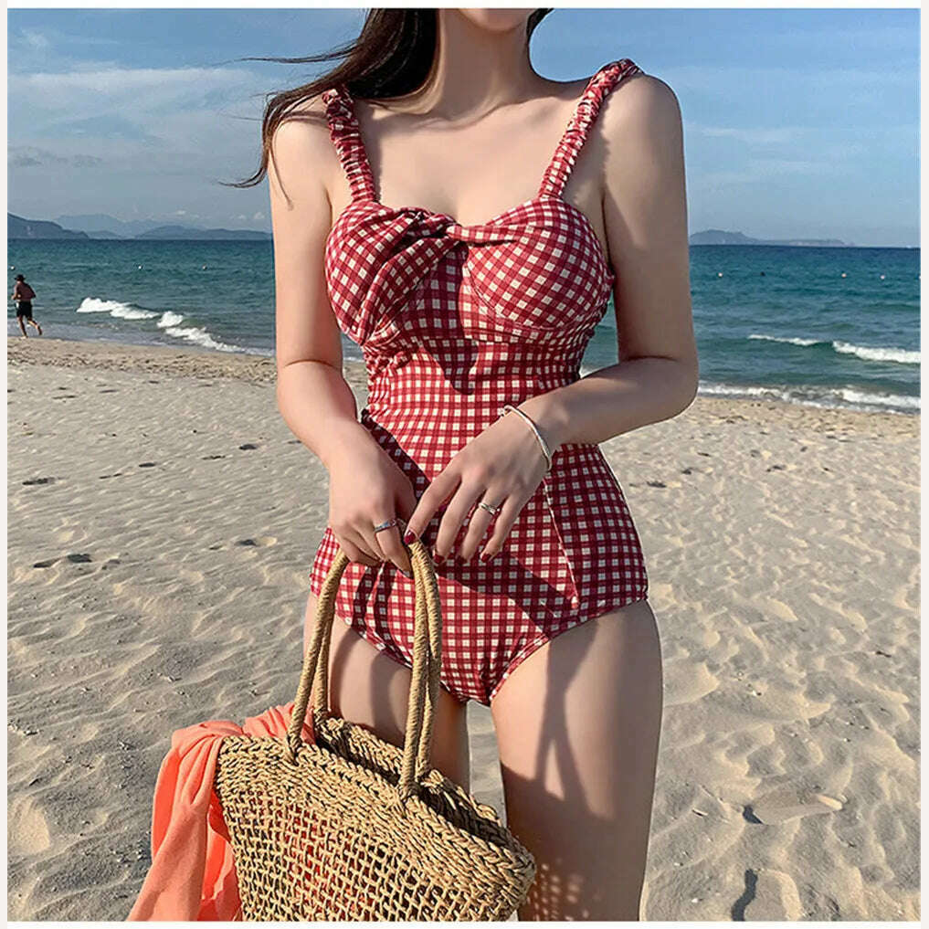 KIMLUD, Sexy Bandeau One Piece Swimsuit Women Plaid Swimwear Push Up Monokini Pad Swim Suit Bow Trikini Red Bathing Suit Korea Style, KIMLUD Womens Clothes