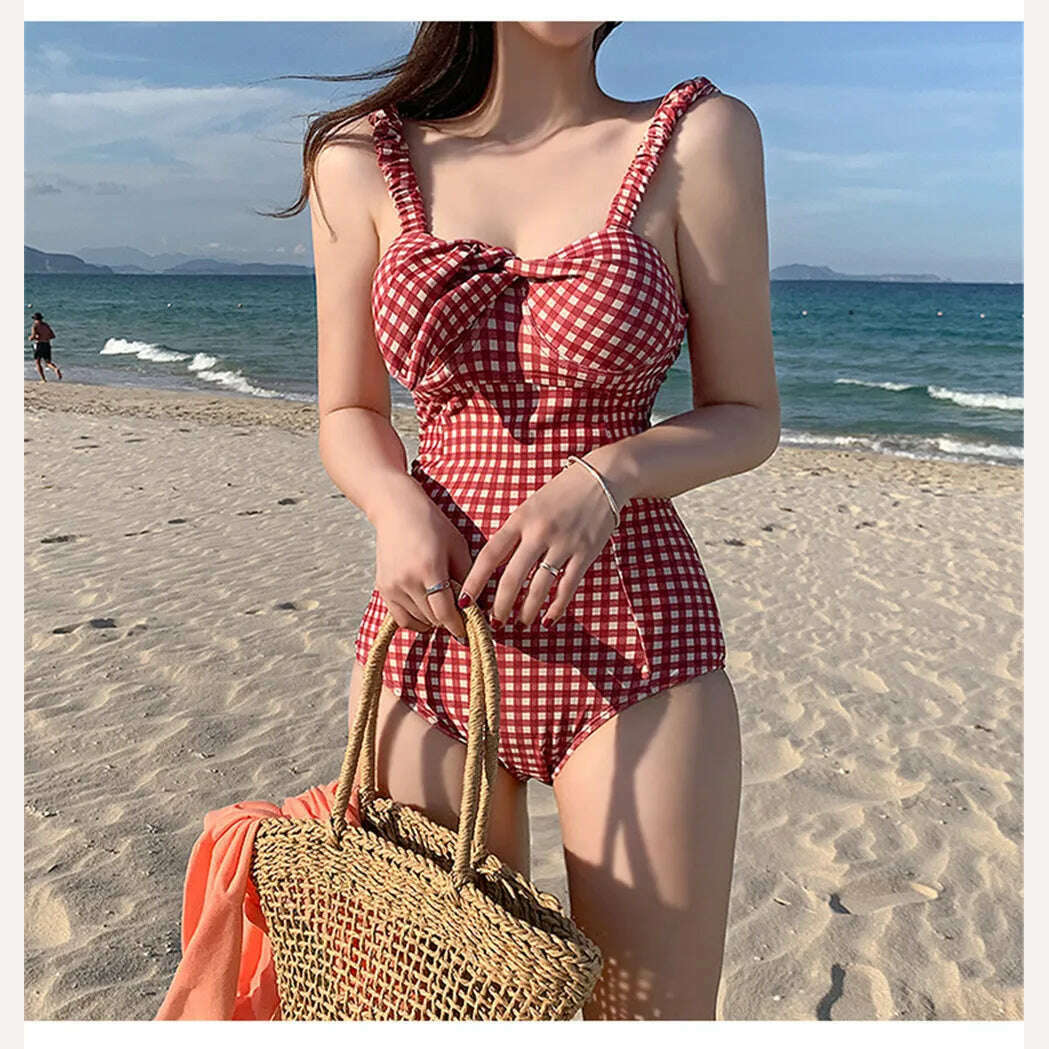 KIMLUD, Sexy Bandeau One Piece Swimsuit Women Plaid Swimwear Push Up Monokini Pad Swim Suit Bow Trikini Red Bathing Suit Korea Style, KIMLUD Womens Clothes