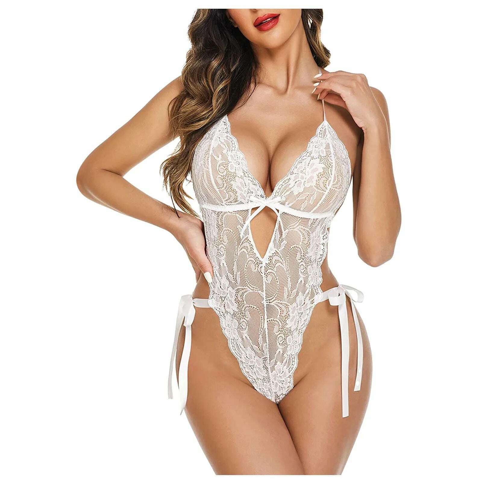 KIMLUD, Sexy Bodysuits Women Lace Lingerie For Sexy Backless Solid Color One-Piece Bodysuit Strappy Halter Erotic Costume Teddies, KIMLUD Womens Clothes