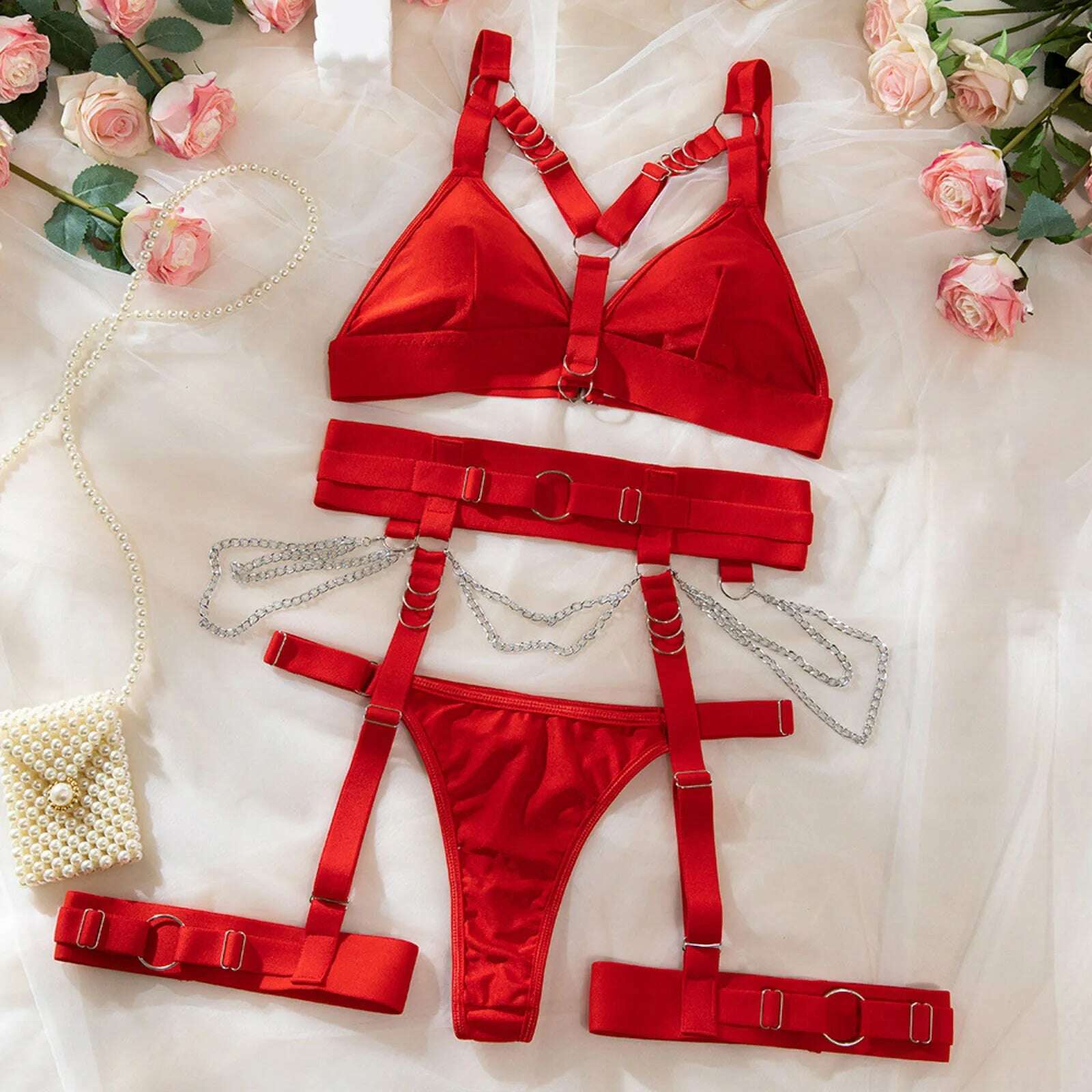 Sexy Chain Tight Underwear Set Women Erotic Lingerie Sexy Bra Sets Solid Color Lingerie Sleepwear Bra And Panty Set Garter - KIMLUD