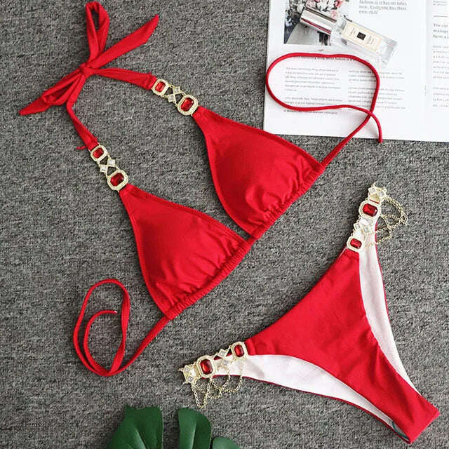 KIMLUD, Sexy Crystal Diamond Bikini 2024 Bandeau Swimsuit Women Rhinestone Swimwear Female Two piece Bikini set Halter Bathing Suit, B008Red / S, KIMLUD APPAREL - Womens Clothes