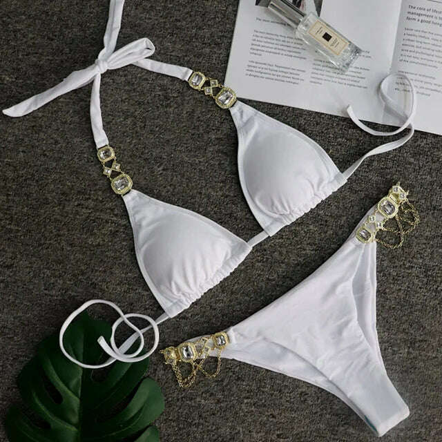 KIMLUD, Sexy Crystal Diamond Bikini 2024 Bandeau Swimsuit Women Rhinestone Swimwear Female Two piece Bikini set Halter Bathing Suit, B008White / L, KIMLUD APPAREL - Womens Clothes