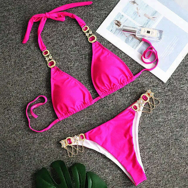 KIMLUD, Sexy Crystal Diamond Bikini 2024 Bandeau Swimsuit Women Rhinestone Swimwear Female Two piece Bikini set Halter Bathing Suit, B008Rose / S, KIMLUD APPAREL - Womens Clothes