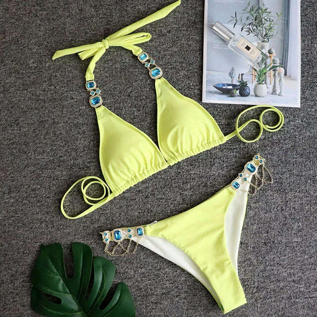 KIMLUD, Sexy Crystal Diamond Bikini 2024 Bandeau Swimsuit Women Rhinestone Swimwear Female Two piece Bikini set Halter Bathing Suit, B008Yellow / M, KIMLUD APPAREL - Womens Clothes