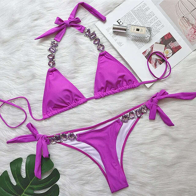 KIMLUD, Sexy Crystal Diamond Bikini 2024 Bandeau Swimsuit Women Rhinestone Swimwear Female Two piece Bikini set Halter Bathing Suit, B569Purple / M, KIMLUD APPAREL - Womens Clothes