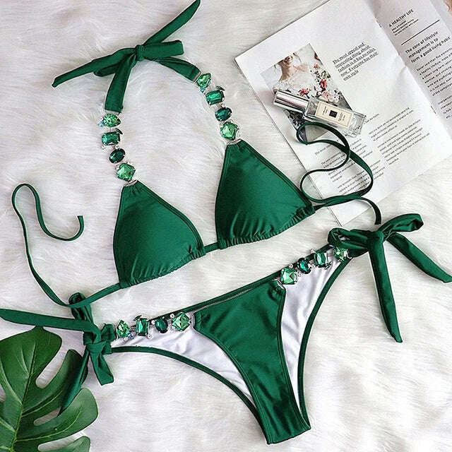 KIMLUD, Sexy Crystal Diamond Bikini 2024 Bandeau Swimsuit Women Rhinestone Swimwear Female Two piece Bikini set Halter Bathing Suit, B569Green / S, KIMLUD APPAREL - Womens Clothes