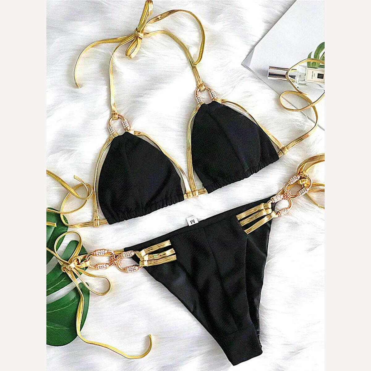 KIMLUD, Sexy Crystal Diamond Tassel Bikini 2023 Women Golden Bandeau Swimsuit Female Swimwear Ribbed Bikini set Halter Bathing Suit Swim, B917Black / S, KIMLUD APPAREL - Womens Clothes