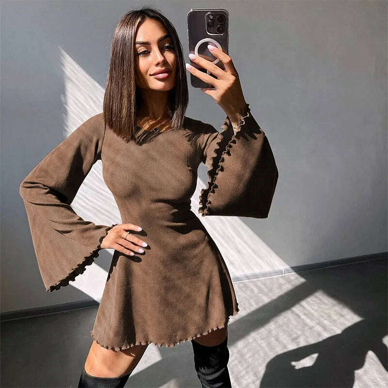 Sexy Dresses Nightclub Mini Short Party Dress Women Back Bandage O Neck A Line Flare Sleeves Autumn Vestidos Ladies Fall Robe - KIMLUD