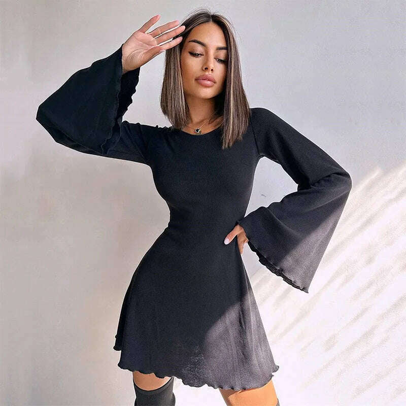 Sexy Dresses Nightclub Mini Short Party Dress Women Back Bandage O Neck A Line Flare Sleeves Autumn Vestidos Ladies Fall Robe - KIMLUD