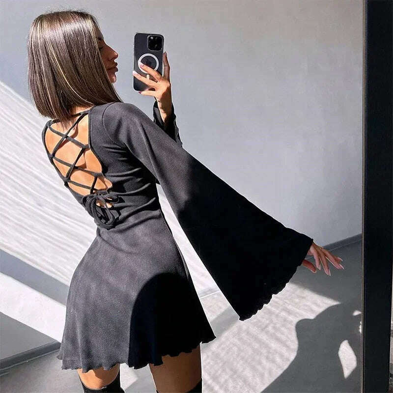 Sexy Dresses Nightclub Mini Short Party Dress Women Back Bandage O Neck A Line Flare Sleeves Autumn Vestidos Ladies Fall Robe - KIMLUD