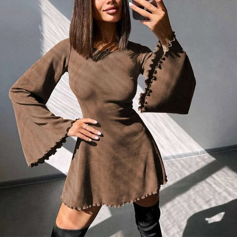 Sexy Dresses Nightclub Mini Short Party Dress Women Back Bandage O Neck A Line Flare Sleeves Autumn Vestidos Ladies Fall Robe - KIMLUD