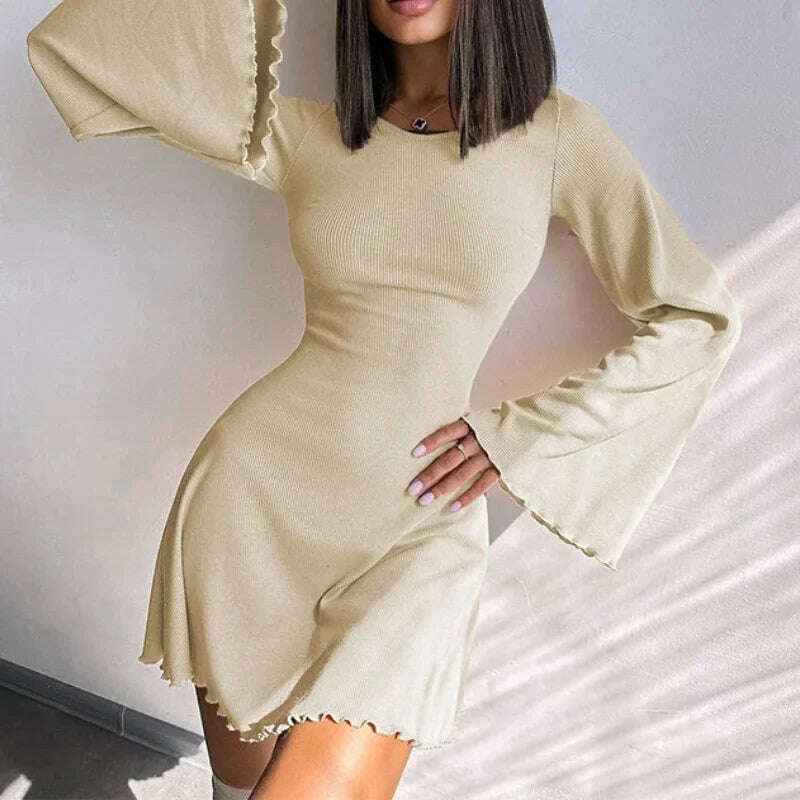 KIMLUD, Sexy Dresses Nightclub Mini Short Party Dress Women Back Bandage O Neck A Line Flare Sleeves Autumn Vestidos Ladies Fall Robe, Beige / L, KIMLUD APPAREL - Womens Clothes