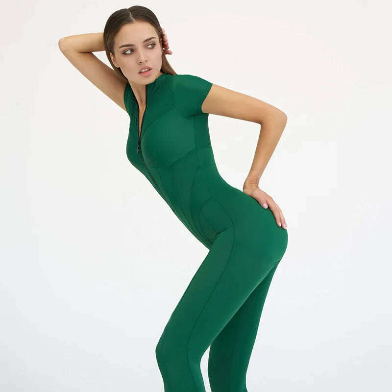 KIMLUD, Sexy Elegant Women Zip-up O-neck Long Sleeve Jumpsuit Streetwear 2023 Summer Female Overalls One Piece Fitness Sports Bodysuits, B Green / S, KIMLUD APPAREL - Womens Clothes