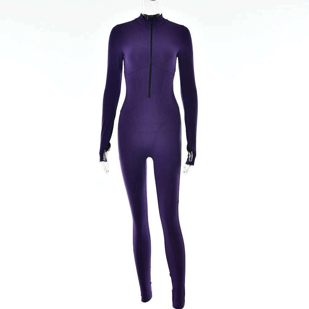 KIMLUD, Sexy Elegant Women Zip-up O-neck Long Sleeve Jumpsuit Streetwear 2023 Summer Female Overalls One Piece Fitness Sports Bodysuits, A Purple / S, KIMLUD APPAREL - Womens Clothes