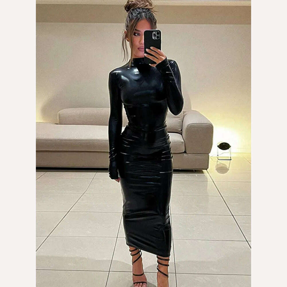 KIMLUD, Sexy Hipster O-neck PU Leather Dress Women Fashion Streetwear Long Sleeve Party Dresses Woman Bodycon Birthday Dress Female Robe, KIMLUD Womens Clothes