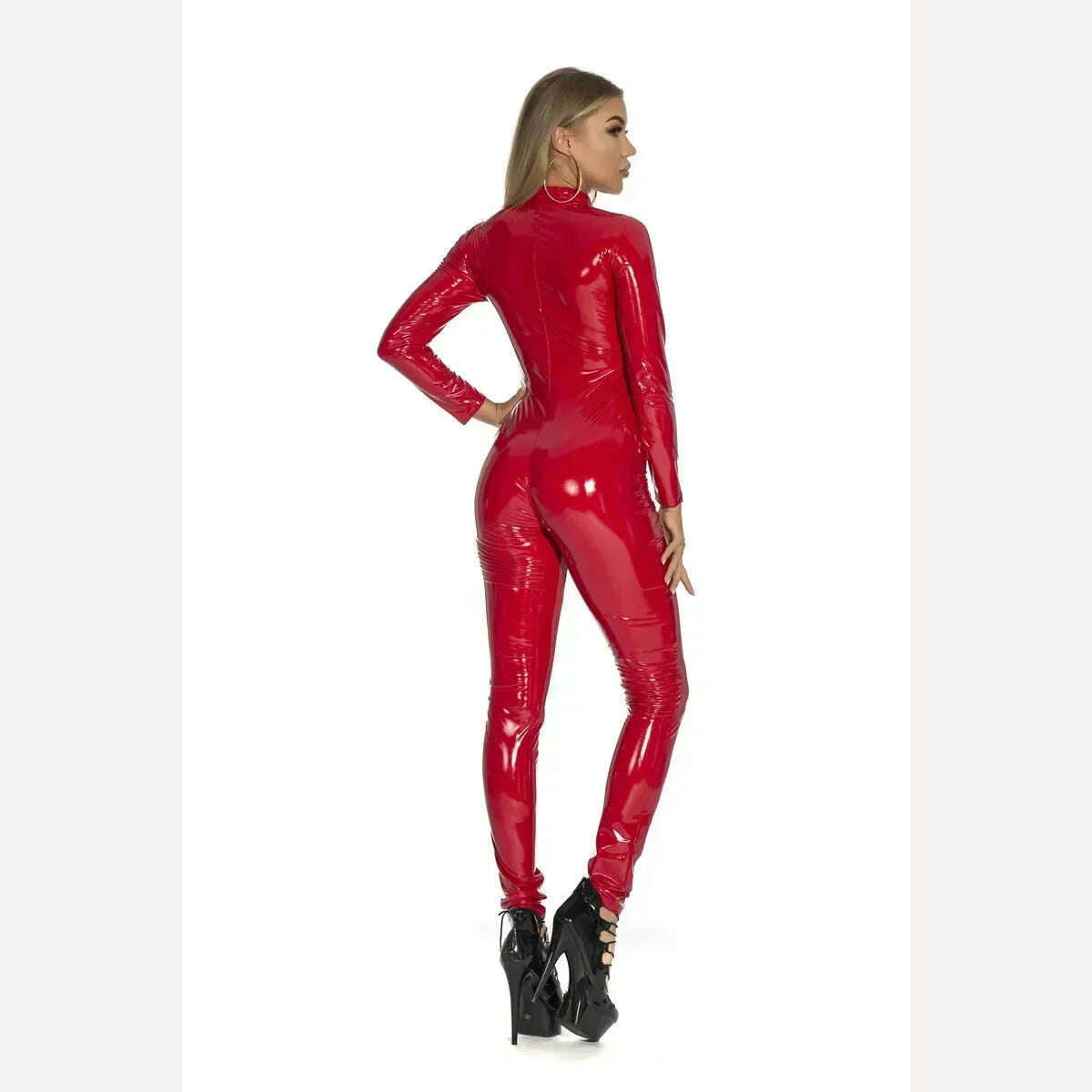 KIMLUD, Sexy Hot Women Faux Leather Catsuit PVC Latex Bodysuit Front Zipper Open Crotch Jumpsuits Stretch Bodystocking Erotic Costumes, KIMLUD Womens Clothes