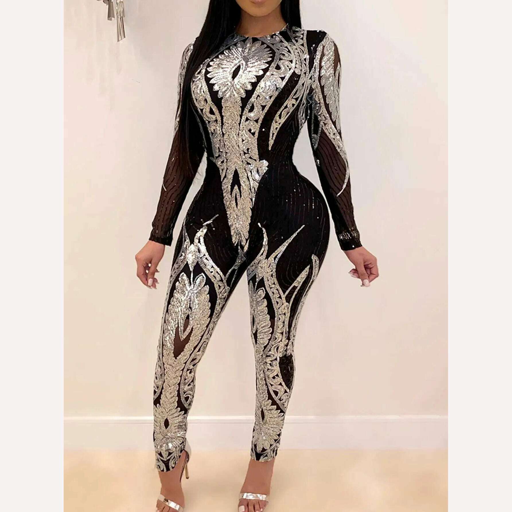 KIMLUD, Sexy Long sleeve Sequin bodycon jumpsuit women body bodysuit one piece birthday party nightclub outfits womens jumpsuits overall, Silver / S, KIMLUD APPAREL - Womens Clothes