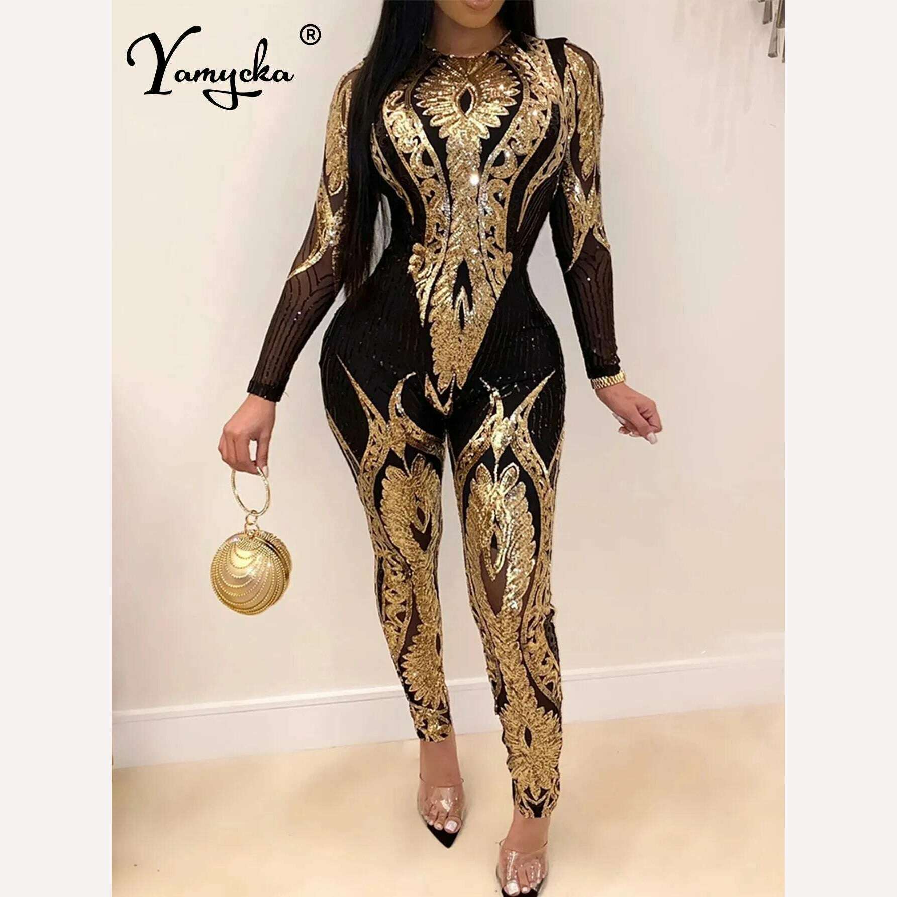 KIMLUD, Sexy Long sleeve Sequin bodycon jumpsuit women body bodysuit one piece birthday party nightclub outfits womens jumpsuits overall, KIMLUD Womens Clothes