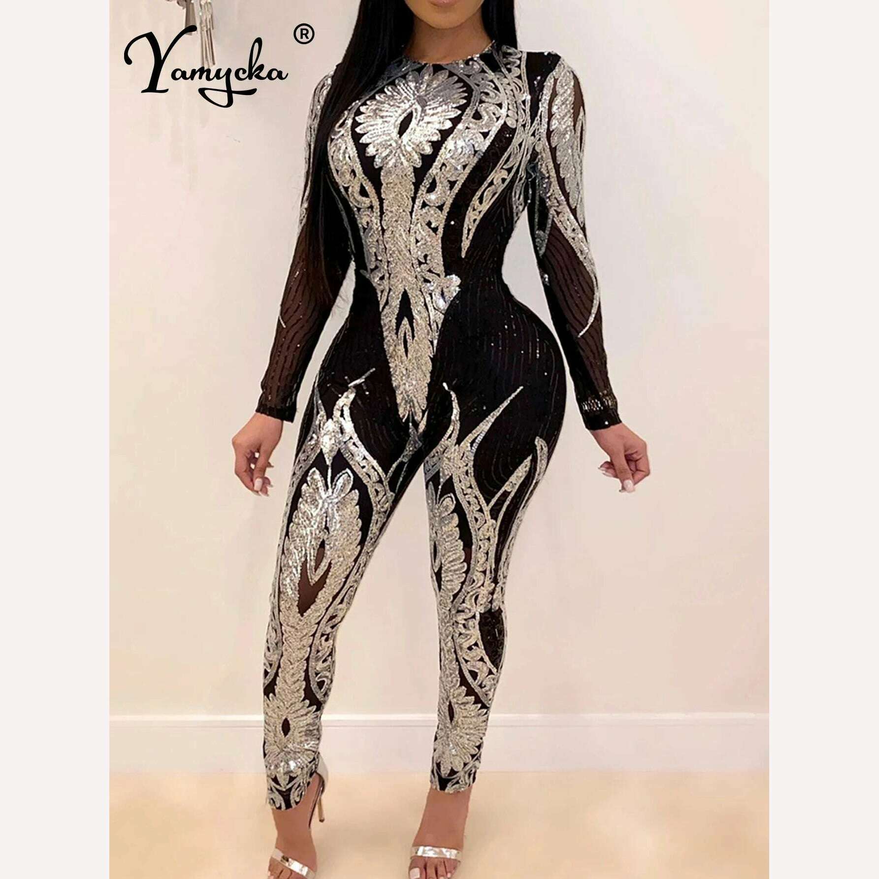 KIMLUD, Sexy Long sleeve Sequin bodycon jumpsuit women body bodysuit one piece birthday party nightclub outfits womens jumpsuits overall, KIMLUD Womens Clothes