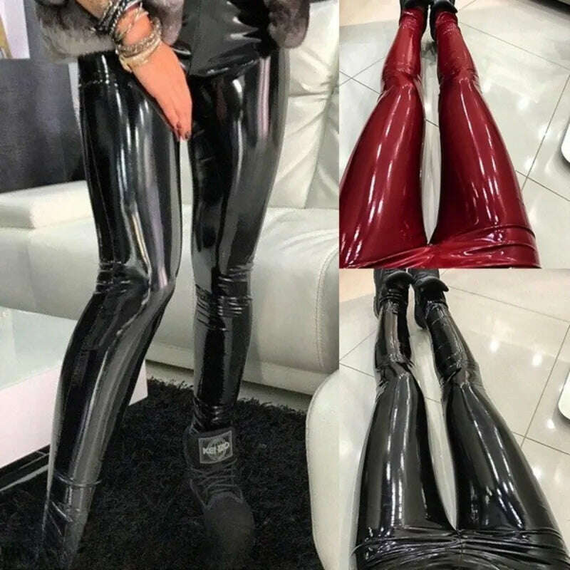 KIMLUD, Sexy Mirror PU Shiny Leather Pants Women's Elastic High Waist  Pants Shinny Slim Pencil Trousers Sexy Nightclub Leather Pants, KIMLUD Womens Clothes