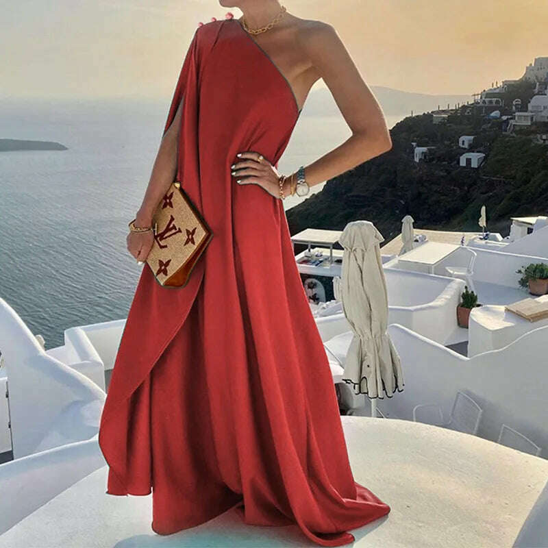 KIMLUD, Sexy Off Shoulder Boho Beach Maxi Dress Women Elegant One Shoulder Loose Party Dresses Summer Fashion Button Solid Dress Vestido, red / S, KIMLUD APPAREL - Womens Clothes