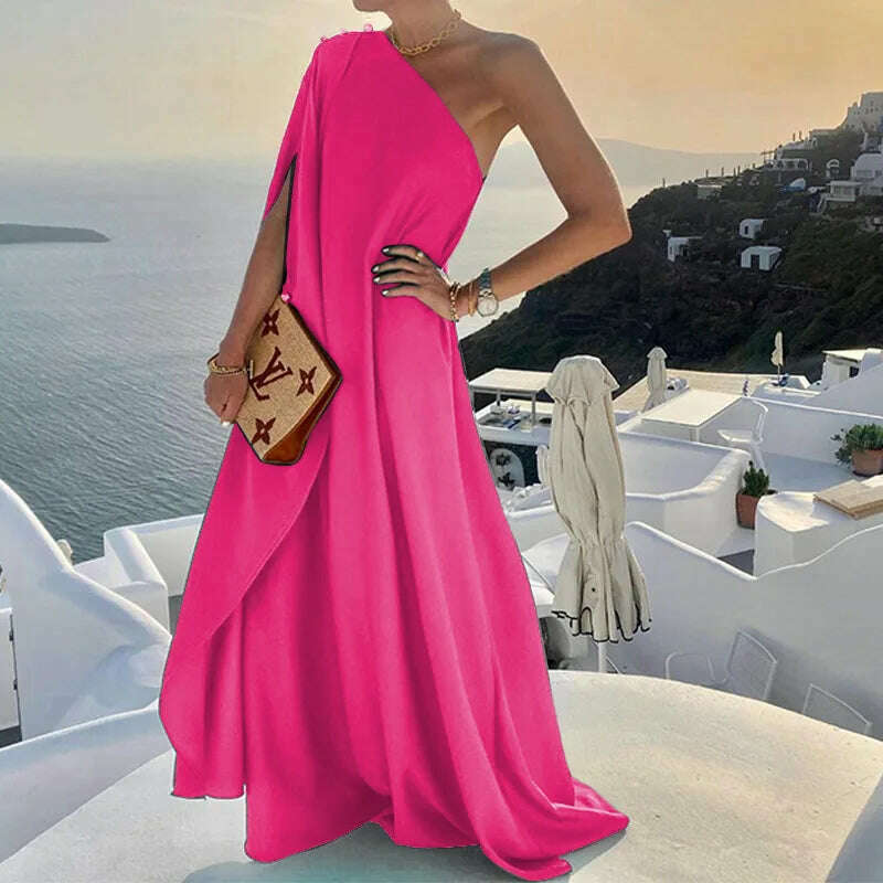 KIMLUD, Sexy Off Shoulder Boho Beach Maxi Dress Women Elegant One Shoulder Loose Party Dresses Summer Fashion Button Solid Dress Vestido, Rose red / S, KIMLUD APPAREL - Womens Clothes