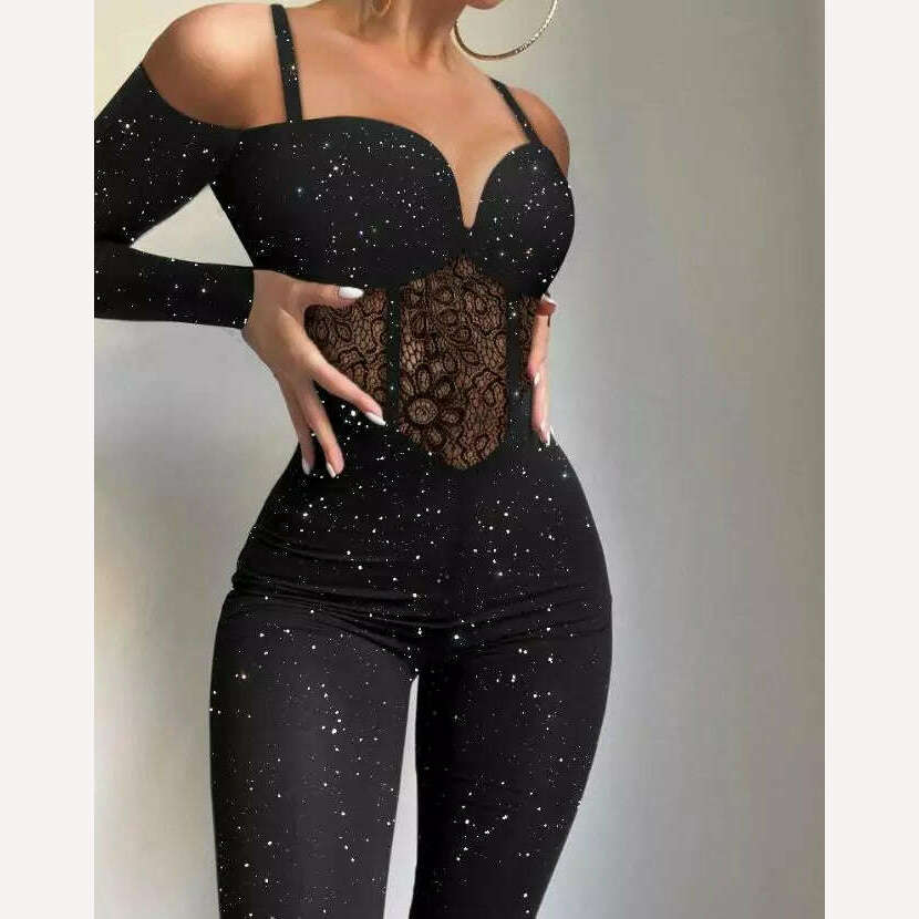 KIMLUD, Sexy Party Night Out Jumpsuit Women Elegance 2022 Plain Glitter Cold Shoulder Long Sleeve Contrast Lace Corset Skinny Jumpsuit, A / M, KIMLUD APPAREL - Womens Clothes