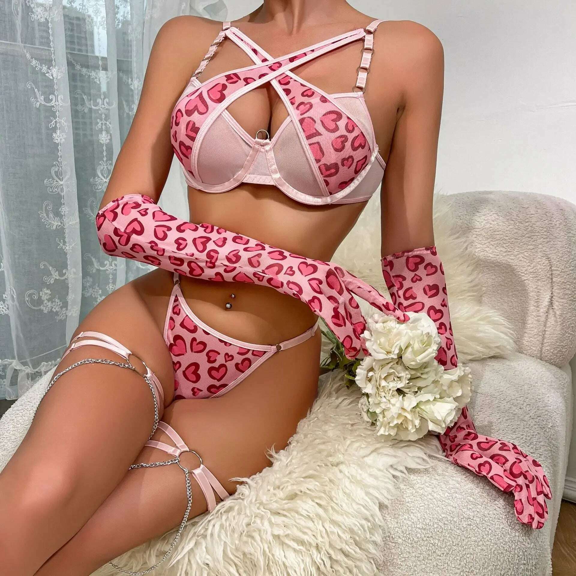 KIMLUD, Sexy Pink Leopard Printed Exotic Apparel Suit Set Women Metal Chain Fun Lingerie Set with Gloves Leg Rings Valentine's Day Gift, KIMLUD Womens Clothes