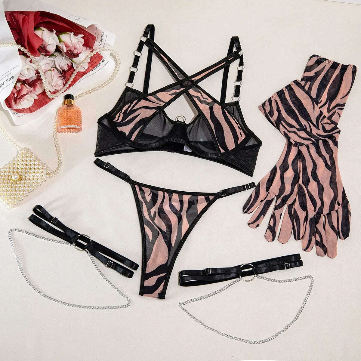 KIMLUD, Sexy Pink Leopard Printed Exotic Apparel Suit Set Women Metal Chain Fun Lingerie Set with Gloves Leg Rings Valentine's Day Gift, 2 / M(34or75ABC), KIMLUD APPAREL - Womens Clothes