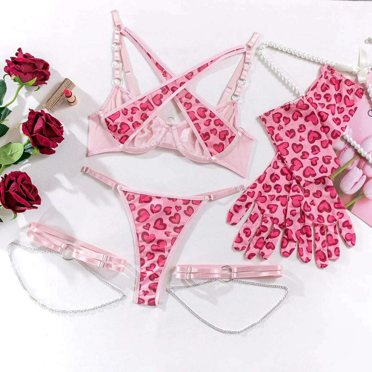 KIMLUD, Sexy Pink Leopard Printed Exotic Apparel Suit Set Women Metal Chain Fun Lingerie Set with Gloves Leg Rings Valentine's Day Gift, 1 / S(32or70ABC), KIMLUD APPAREL - Womens Clothes