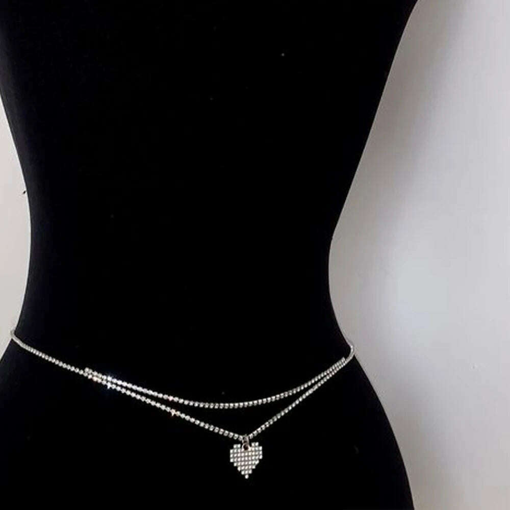 KIMLUD, Sexy Rhinestone Heart Waist Chain Belt Bikinis Jewelry for Women Summer Beach Double Row Crystal Belly Chain Body Accessories, KIMLUD Womens Clothes