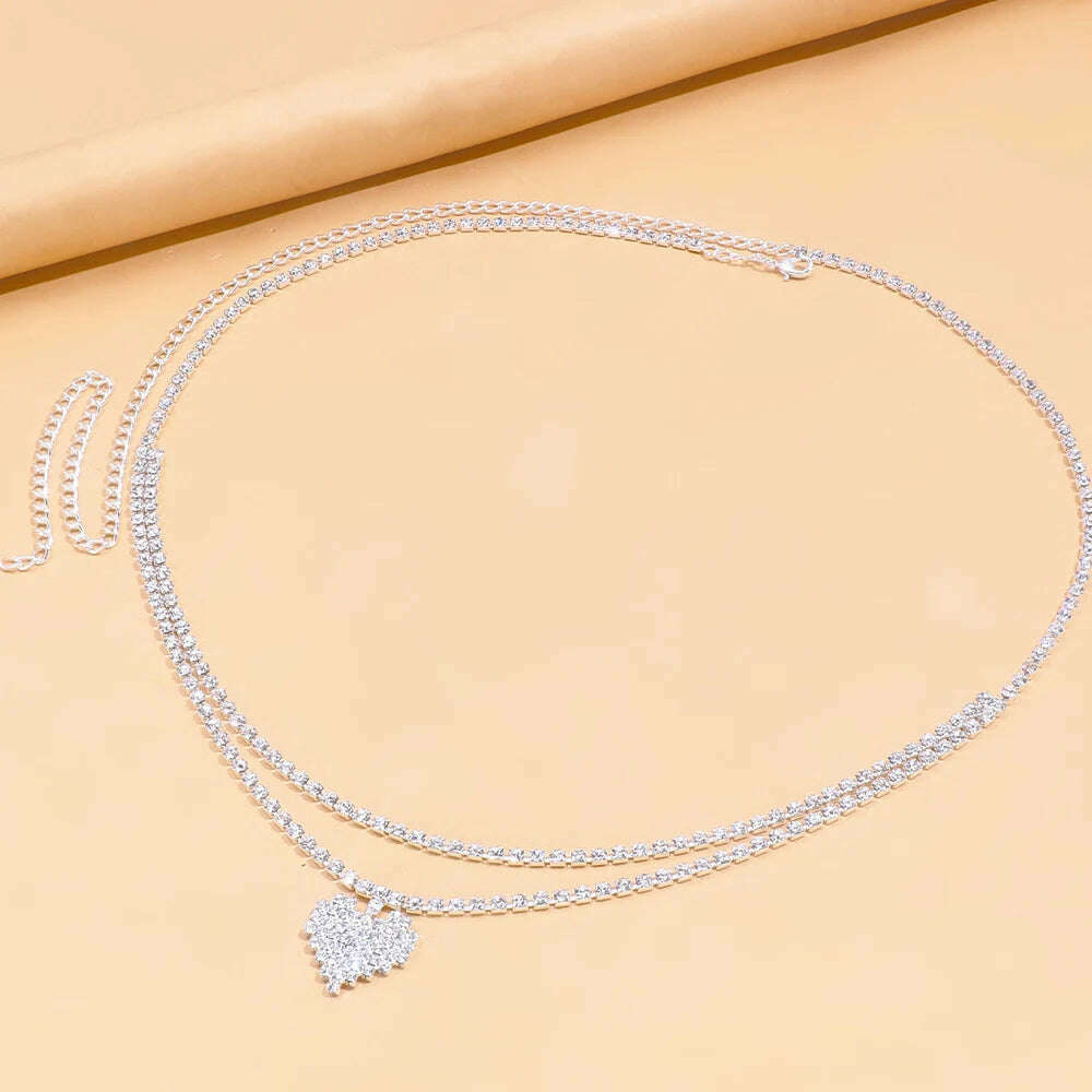 Sexy Rhinestone Heart Waist Chain Belt Bikinis Jewelry for Women Summer Beach Double Row Crystal Belly Chain Body Accessories - KIMLUD