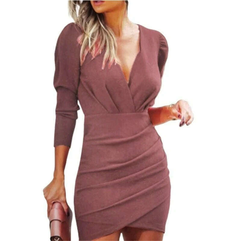 KIMLUD, Sexy Ruffle Bodycon Dresses Waisting Slimming V-Neck Outfits for Daily Formal Dropship, Burgundy / S, KIMLUD APPAREL - Womens Clothes