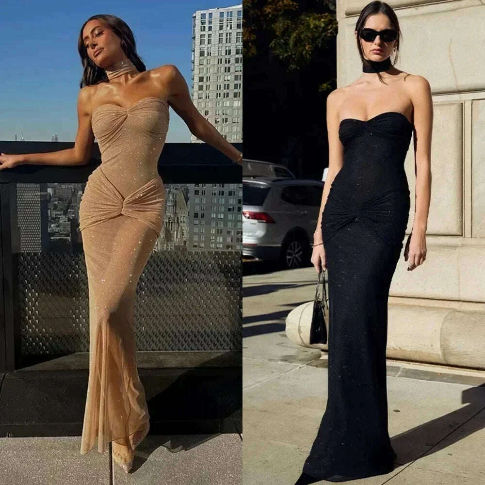 Sexy Sequin See Through Maxi Dress Women Strapless Slim Hip Wrap Evening Long Dresses 2024 Chic Lady Party Vestidos Club Robes - KIMLUD