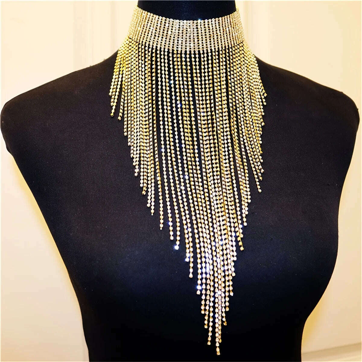 KIMLUD, Sexy Shiny Long Tassel Luxurious Rhinestone Necklace Jewelry Fashion Luxury Party Banquet Jewelry Wear Body Sexy Accessories, Gold-color, KIMLUD APPAREL - Womens Clothes