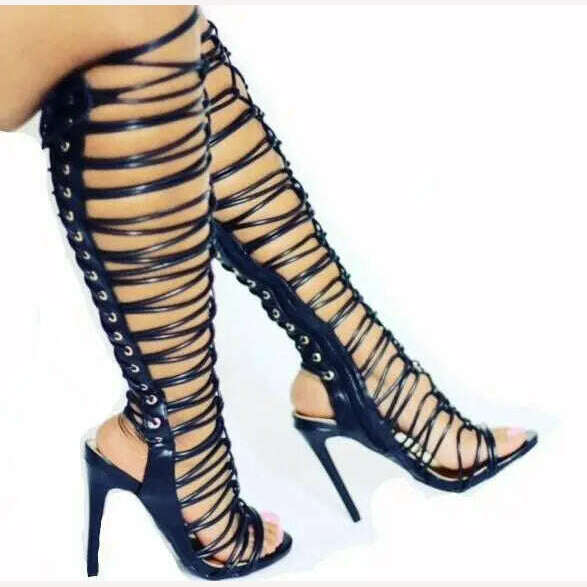 KIMLUD, Sexy Shiny Strappy Black Gold Cross Tie Knee High Woman Gladiator Long Sandals Boots Female Cuts Out Thin Heels Summer Boots, KIMLUD Womens Clothes