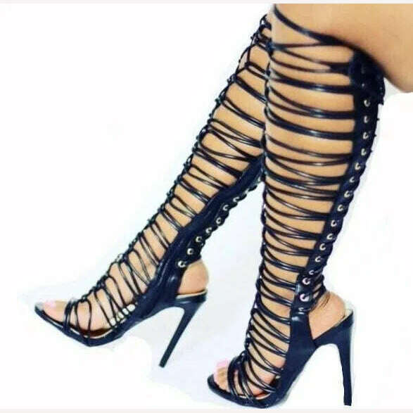 KIMLUD, Sexy Shiny Strappy Black Gold Cross Tie Knee High Woman Gladiator Long Sandals Boots Female Cuts Out Thin Heels Summer Boots, as picture 1 / 5, KIMLUD APPAREL - Womens Clothes