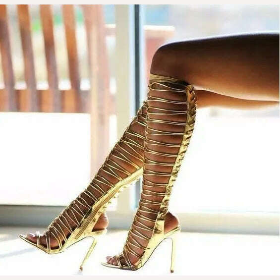 KIMLUD, Sexy Shiny Strappy Black Gold Cross Tie Knee High Woman Gladiator Long Sandals Boots Female Cuts Out Thin Heels Summer Boots, KIMLUD Womens Clothes