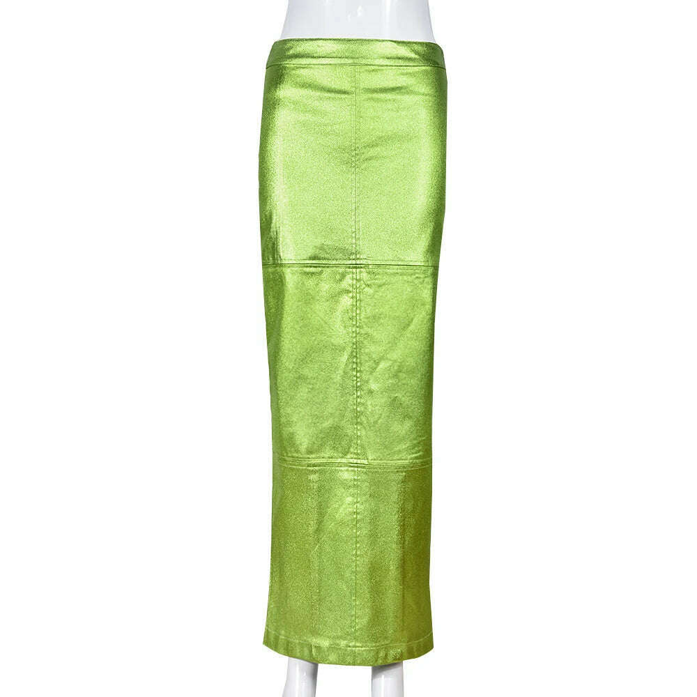 KIMLUD, Sexy Sparkly Slit Long Skirts Women High Waist Metallic Green Slim Maxi Skirt 2023 Summer Harajuku Elegant Fairy Grunge Clothes, Green / S, KIMLUD APPAREL - Womens Clothes